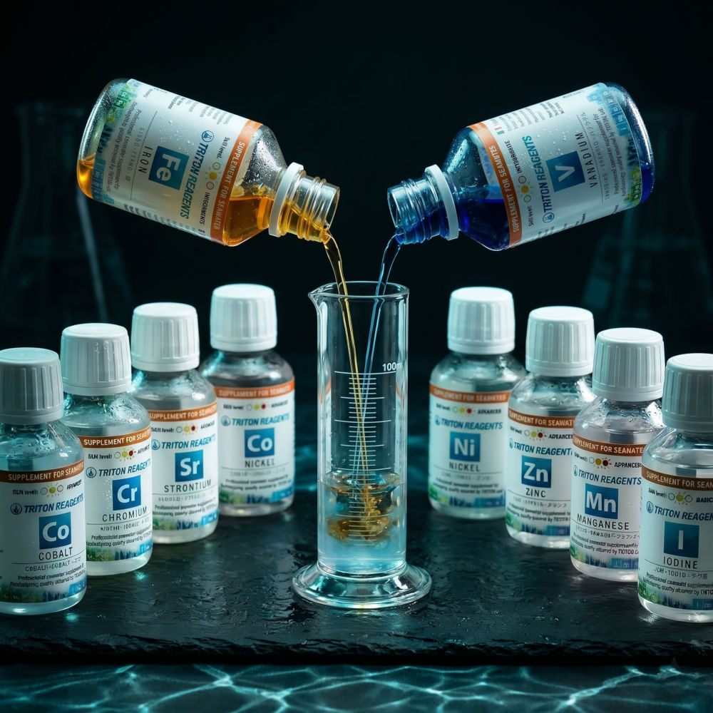 TRITON Reagents Spurenelement-Präparate werden zu einer einzigen Dosierlösung gemischt — Jod, Vanadium, Mangan, Zink, Eisen, Strontium, Nickel, Chrom, Kobalt
