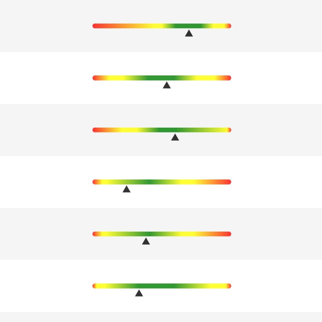 Farbkodierte Balkendiagramme, die zeigen wo jedes Element im Vergleich zum Idealbereich liegt